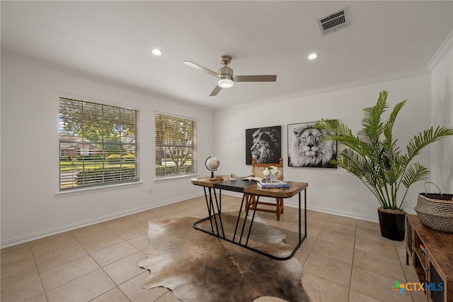 16503 Lounsbury Pl, Austin, TX 78717 - office area featuring tile patterned flooring, ornamental molding, a ceiling fan, and recessed lighting
