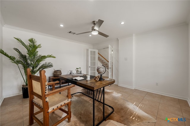 16503 Lounsbury Pl, Austin, TX 78717 - office space featuring recessed lighting, ornamental molding, a ceiling fan, and light tile patterned flooring
