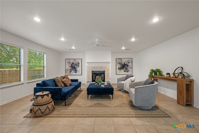 16503 Lounsbury Pl, Austin, TX 78717 - living room featuring recessed lighting, light tile patterned flooring, a ceiling fan, and a tiled fireplace