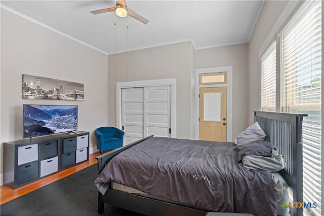 bedroom featuring dark hardwood / wood-style floors, ceiling fan, and crown molding