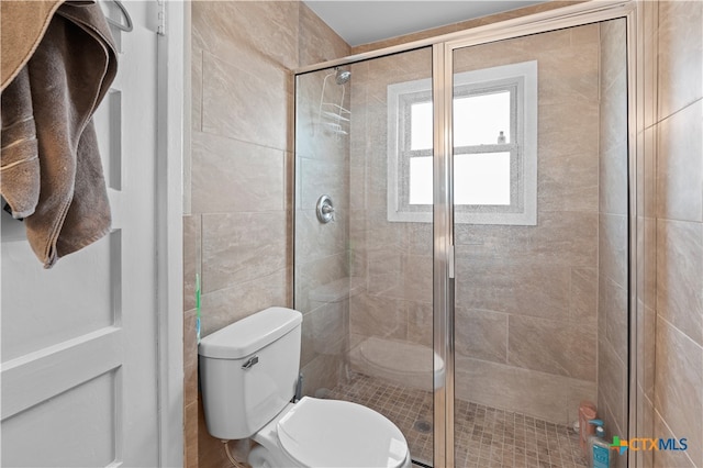 bathroom with toilet and an enclosed shower