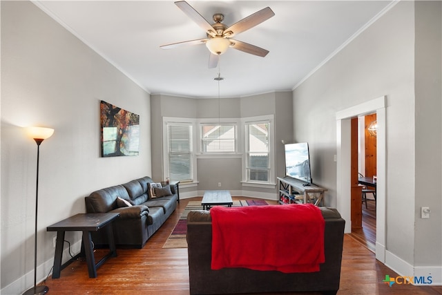 living room featuring hardwood / wood-style floors, ceiling fan, and crown molding