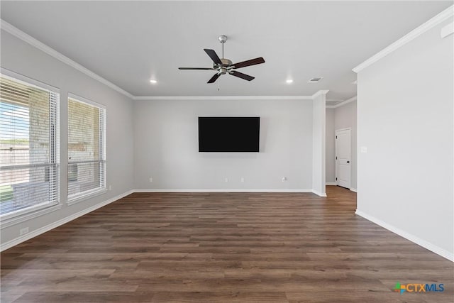 unfurnished living room with dark wood-type flooring, ornamental molding, and ceiling fan