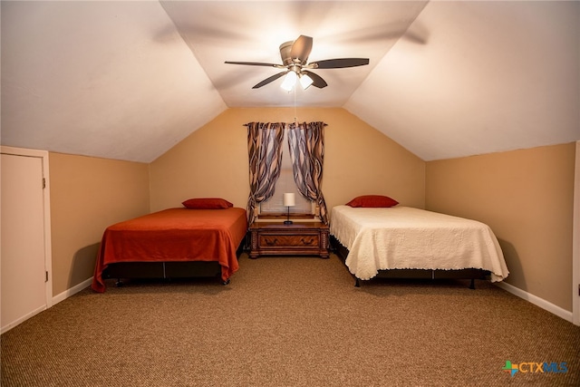 carpeted bedroom with lofted ceiling and ceiling fan