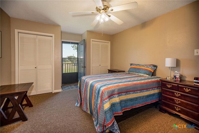 bedroom featuring ceiling fan, a textured ceiling, and carpet flooring