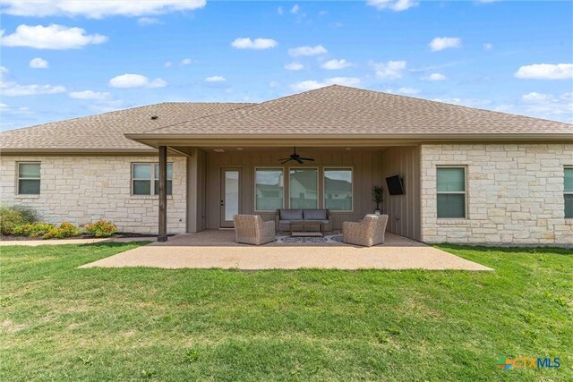 837 Gallant Fox Rd, Hewitt, TX 76643 - rear view of house with a ceiling fan, outdoor lounge area, roof with shingles, and a patio area