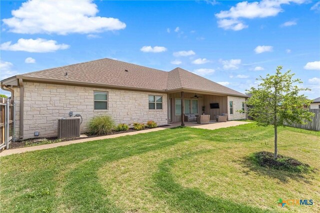 837 Gallant Fox Rd, Hewitt, TX 76643 - back of house with central AC unit, ceiling fan, a patio area, stone siding, and board and batten siding