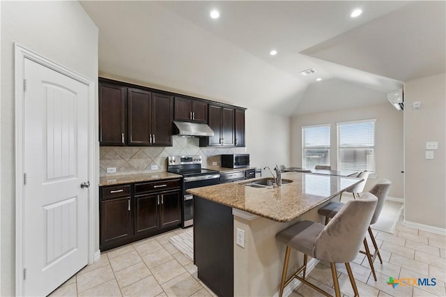 kitchen with light stone countertops, under cabinet range hood, vaulted ceiling, appliances with stainless steel finishes, and a sink