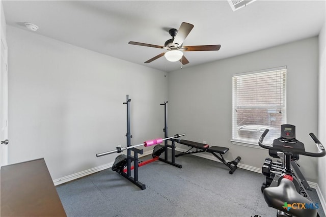 exercise area featuring a ceiling fan, visible vents, and baseboards