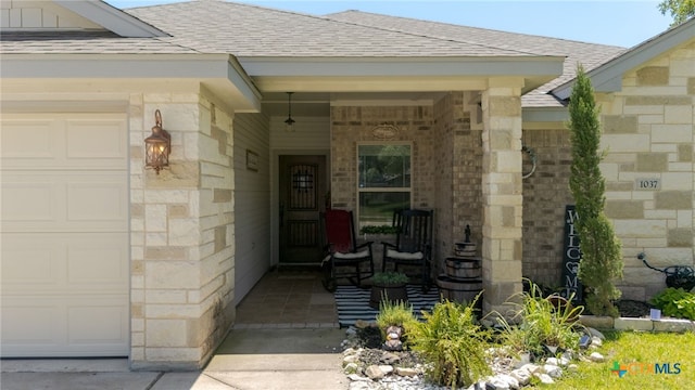 1037 Declaration Dr, Copperas Cove, TX 76522 - view of exterior entry featuring roof with shingles, an attached garage, covered porch, and brick siding