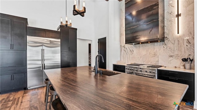 kitchen featuring sink, tasteful backsplash, hanging light fixtures, high quality appliances, and dark hardwood / wood-style flooring