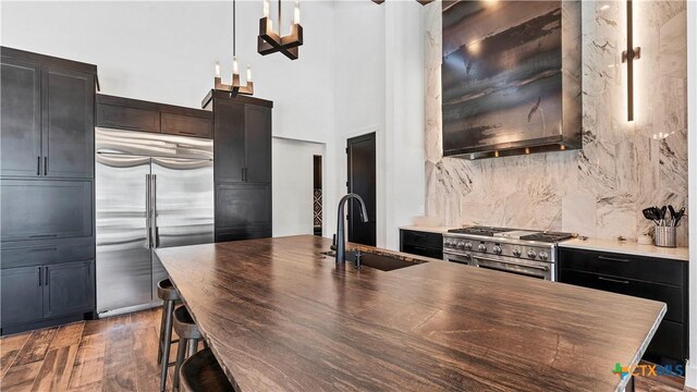 kitchen featuring pendant lighting, sink, dark wood-type flooring, high quality appliances, and tasteful backsplash