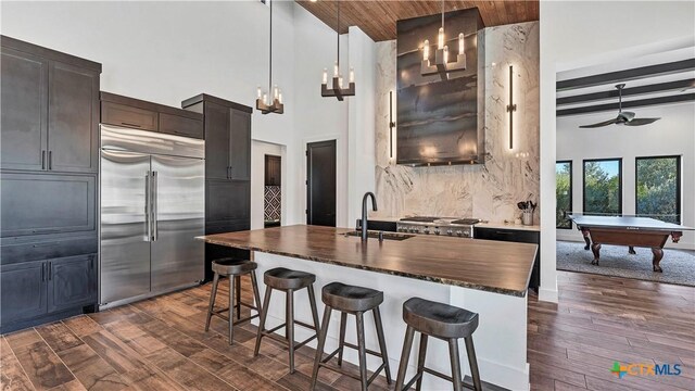 kitchen featuring dark hardwood / wood-style floors, sink, hanging light fixtures, stainless steel appliances, and a center island with sink