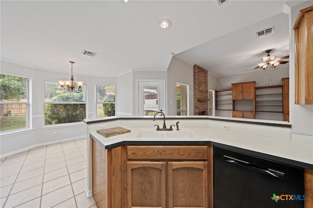 kitchen featuring sink, black dishwasher, crown molding, decorative light fixtures, and light tile patterned floors