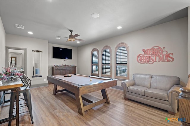 game room with ceiling fan, light hardwood / wood-style floors, and billiards