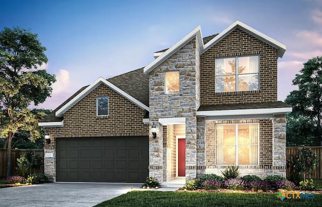 traditional home featuring concrete driveway, stone siding, and fence