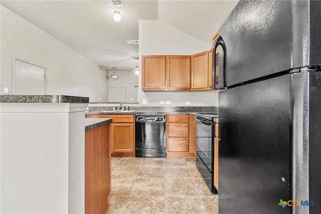 kitchen with light tile patterned flooring, ceiling fan, and black appliances