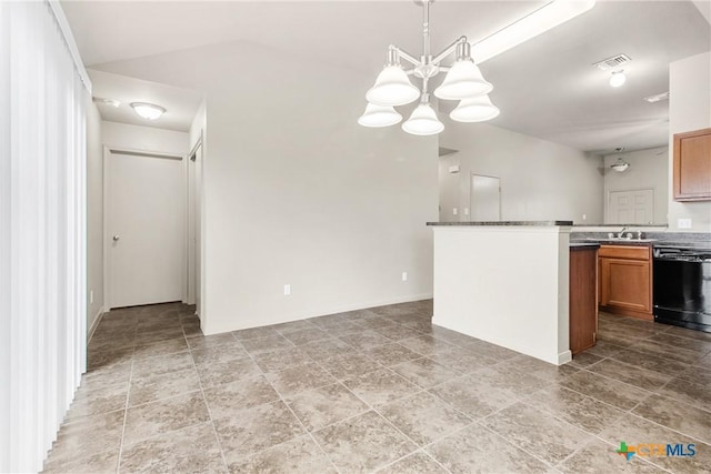 kitchen featuring decorative light fixtures, dishwasher, lofted ceiling, sink, and a chandelier