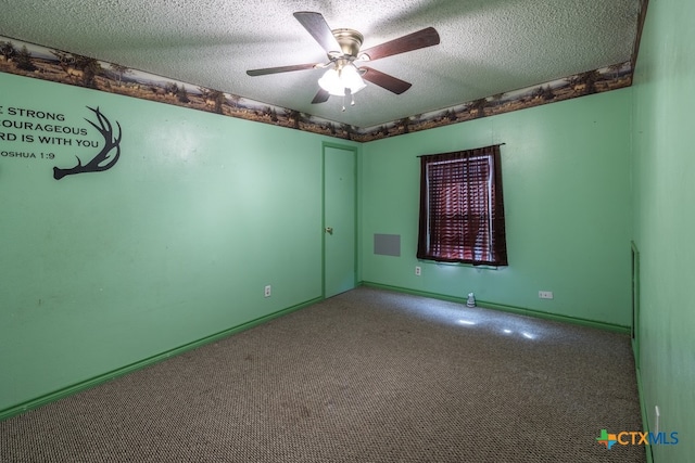 unfurnished room with carpet, a textured ceiling, and ceiling fan