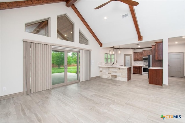 6864 Moffat Loop, Temple, TX 76502 - unfurnished living room with ceiling fan, high vaulted ceiling, recessed lighting, beamed ceiling, and visible vents