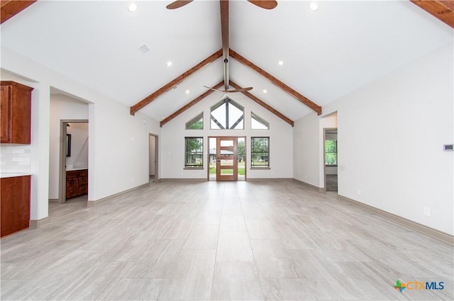 6864 Moffat Loop, Temple, TX 76502 - unfurnished living room with high vaulted ceiling, ceiling fan, beamed ceiling, and recessed lighting