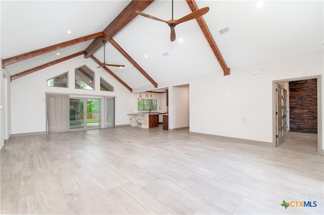 6864 Moffat Loop, Temple, TX 76502 - unfurnished living room featuring a ceiling fan, high vaulted ceiling, visible vents, and beam ceiling