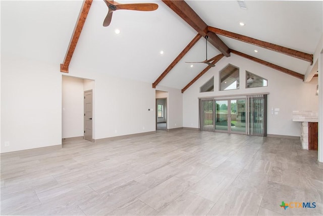 6864 Moffat Loop, Temple, TX 76502 - unfurnished living room featuring high vaulted ceiling, a ceiling fan, and beam ceiling