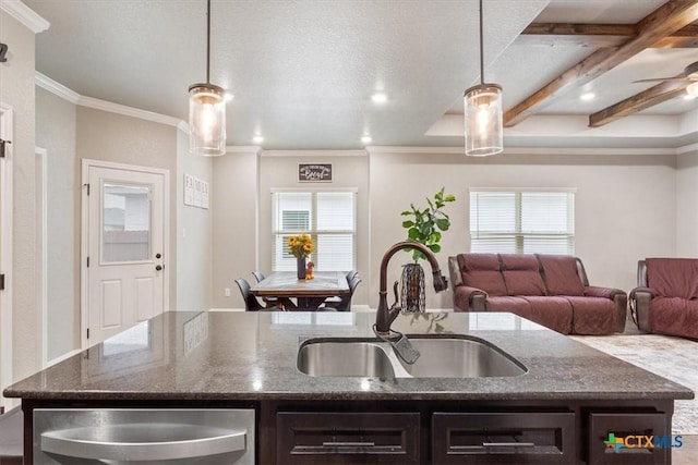 1606 Fiddle Wood Way, Temple, TX 76502 - kitchen with a sink, plenty of natural light, dark brown cabinetry, crown molding, and an island with sink