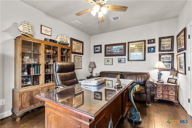 office featuring dark wood-type flooring and ceiling fan