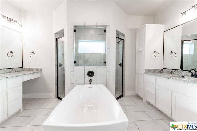 bathroom with independent shower and bath, vanity, and tile patterned floors