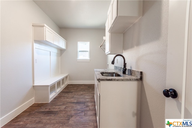 washroom with cabinets, dark hardwood / wood-style floors, and sink