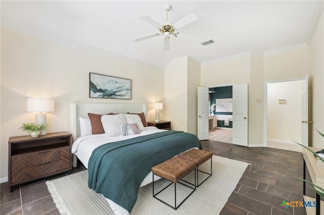 bedroom with ornamental molding, baseboards, and a ceiling fan