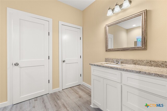 bathroom with wood-type flooring and vanity