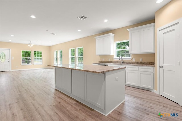 1700 Proctor Ave, Waco, TX 76708 - kitchen with a center island, white cabinets, light wood-style floors, healthy amount of natural light, and recessed lighting