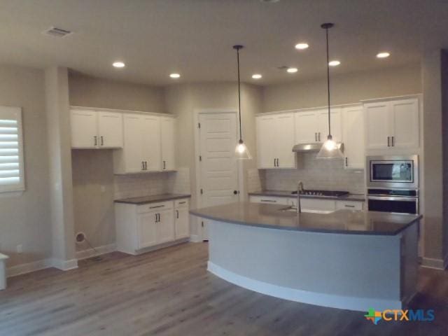 791 Hazy Hills Loop, Dripping Springs, TX 78620 - kitchen with tasteful backsplash, white cabinetry, dark wood-style flooring, and recessed lighting