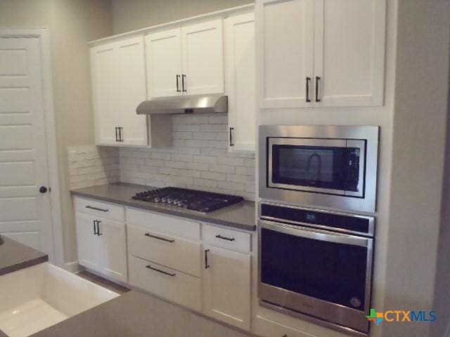 791 Hazy Hills Loop, Dripping Springs, TX 78620 - kitchen featuring appliances with stainless steel finishes, white cabinets, and backsplash
