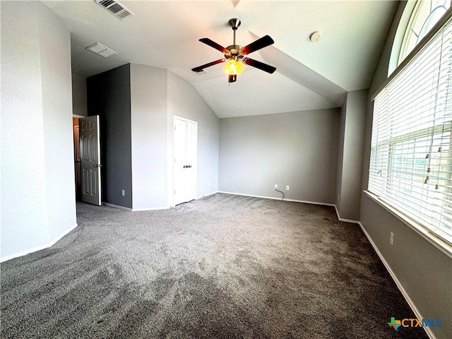 3413 Malmaison Rd, Killeen, TX 76542 - spare room featuring carpet flooring, vaulted ceiling, plenty of natural light, ceiling fan, and baseboards