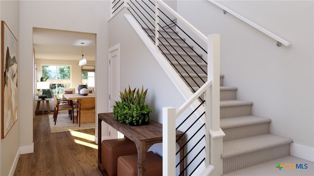 stairway featuring hardwood / wood-style flooring