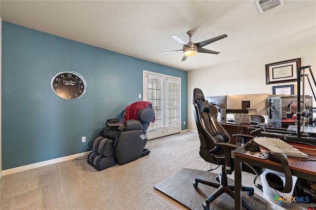326 Comal Run, Hutto, TX 78634 - home office featuring ceiling fan, carpet floors, and a textured wall
