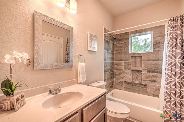 full bathroom with toilet, vanity, and shower / bath combination with curtain