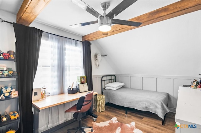 bedroom featuring lofted ceiling with beams, ceiling fan, and light wood-type flooring