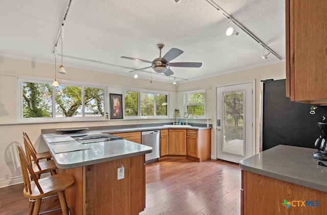 kitchen featuring decorative light fixtures, a breakfast bar area, dark wood-type flooring, stainless steel dishwasher, and ceiling fan