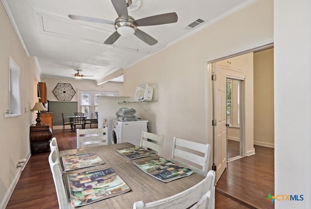 dining room with ornamental molding, dark wood-type flooring, and ceiling fan