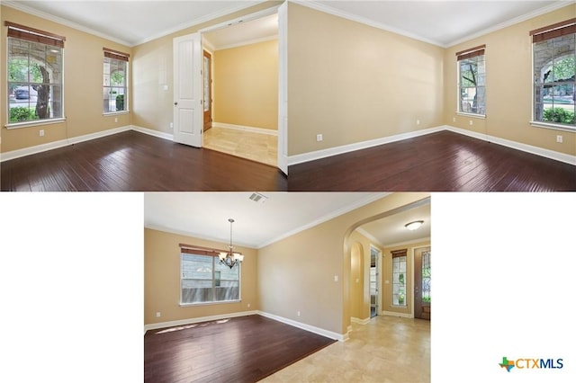 12109 Bryony Dr, Austin, TX 78739 - empty room with a chandelier, hardwood / wood-style floors, arched walkways, baseboards, and crown molding
