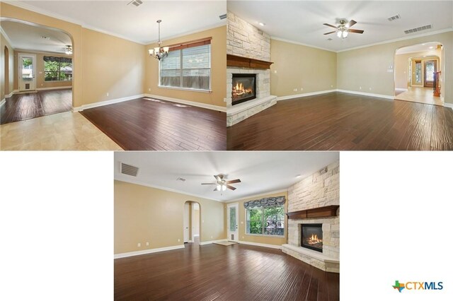 12109 Bryony Dr, Austin, TX 78739 - unfurnished living room with a fireplace, ceiling fan, healthy amount of natural light, and crown molding