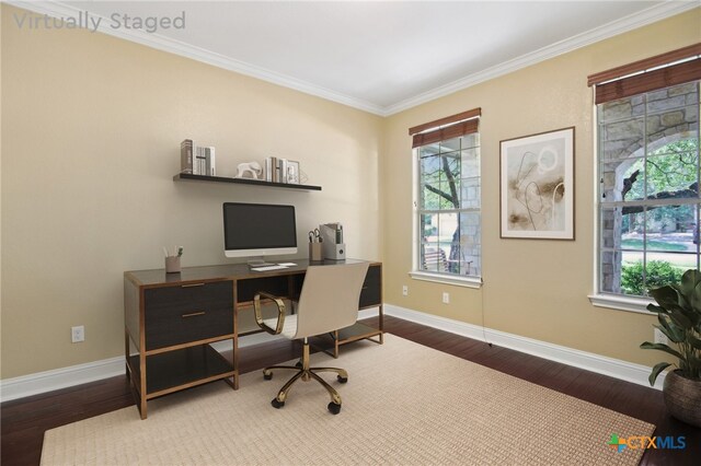 12109 Bryony Dr, Austin, TX 78739 - home office featuring ornamental molding, healthy amount of natural light, wood finished floors, and baseboards