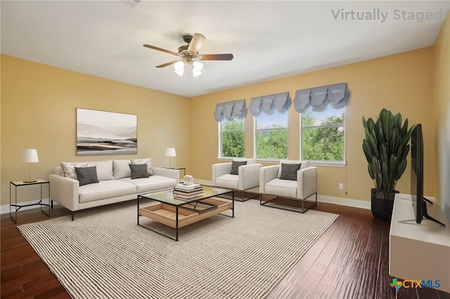 12109 Bryony Dr, Austin, TX 78739 - living room featuring baseboards, dark wood-type flooring, and a ceiling fan