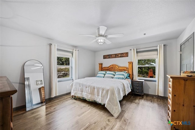 bedroom featuring ceiling fan, multiple windows, and wood finished floors