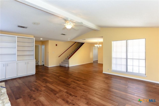 unfurnished living room with stairs, dark wood-type flooring, visible vents, and vaulted ceiling with beams