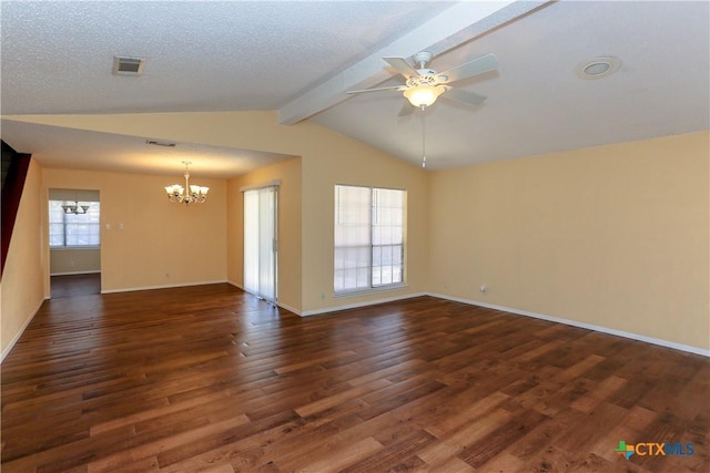 spare room with dark wood-style flooring, vaulted ceiling with beams, visible vents, baseboards, and ceiling fan with notable chandelier